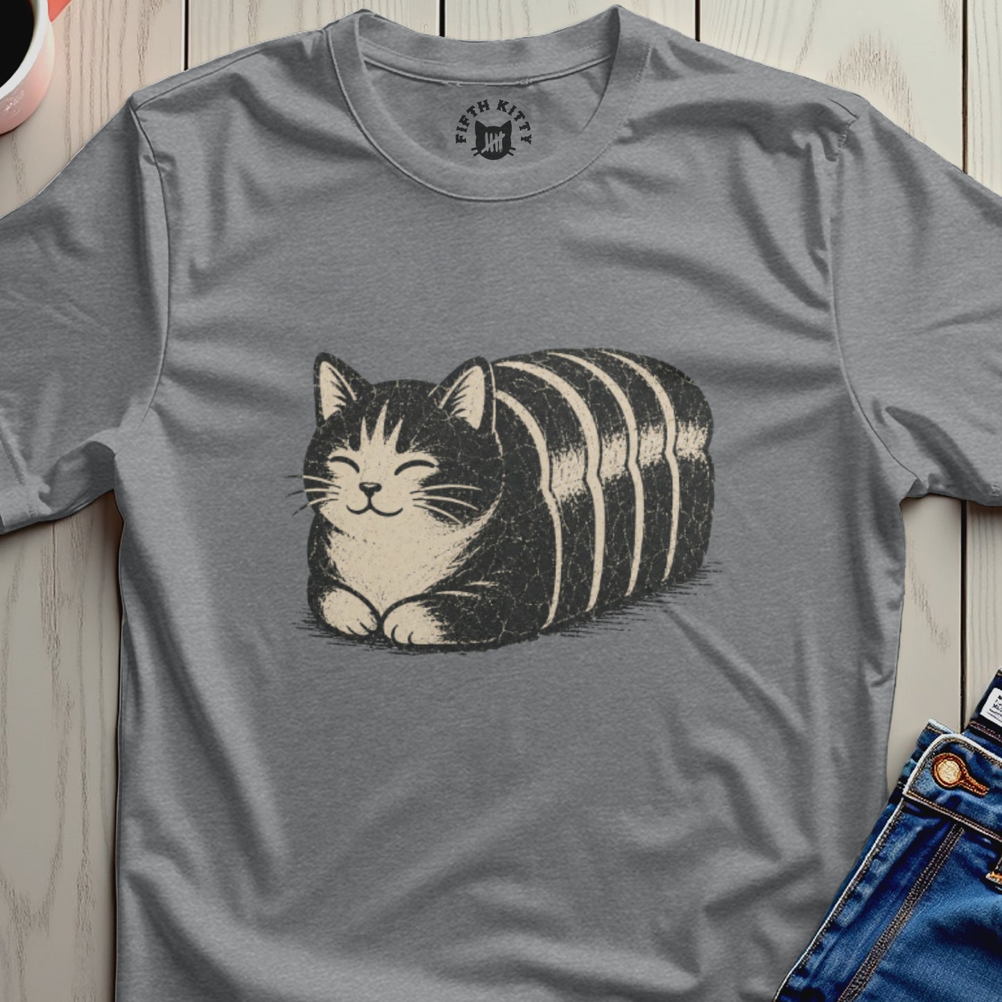 T-shirt with a tabby cat loaf illustration and "FIFTH KITTY" logo.