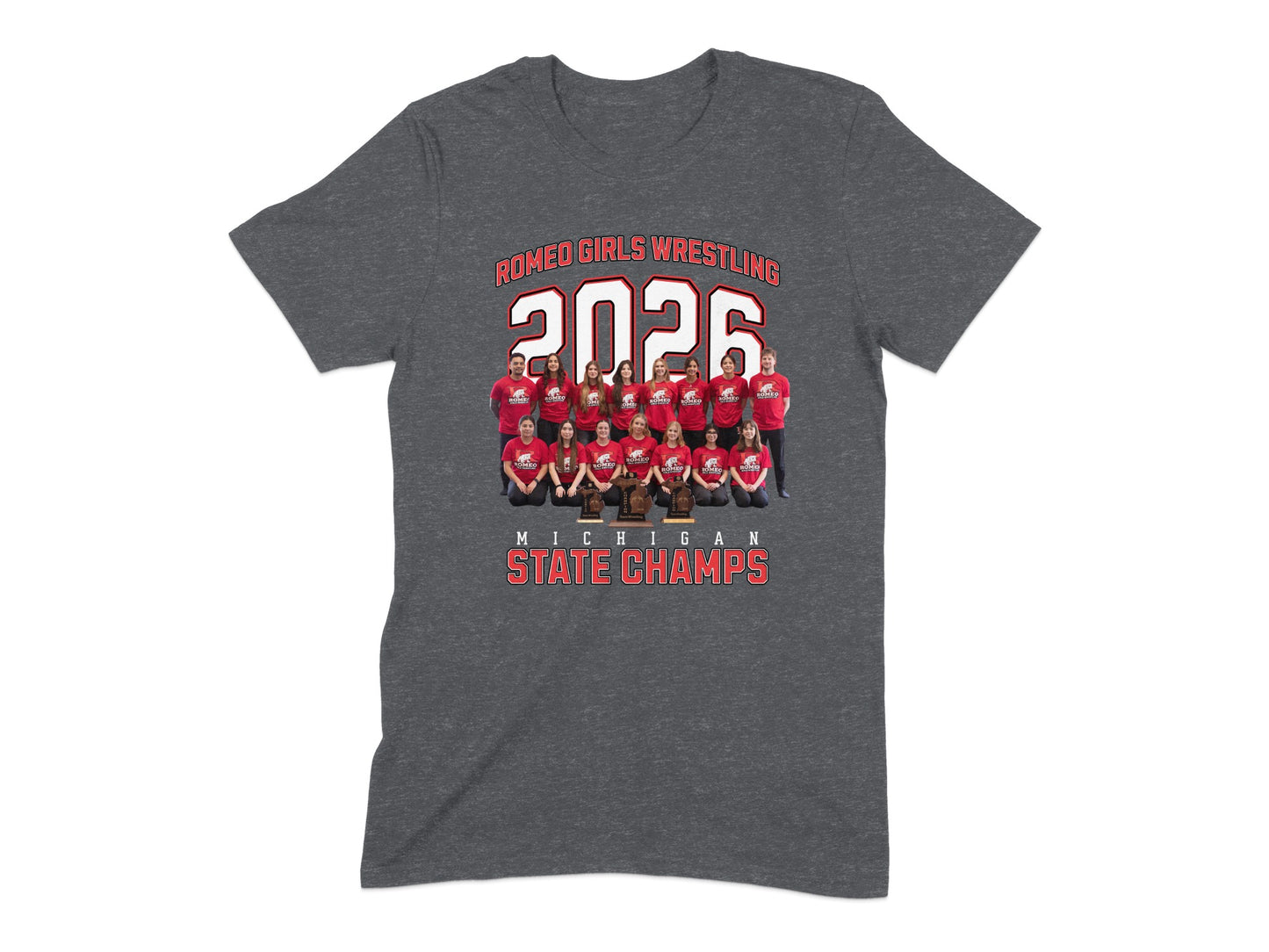 Romeo Girls Wrestling 2026 Michigan State Champs team portrait on gray t-shirt.