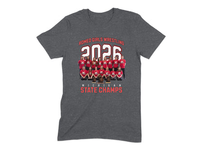 Romeo Girls Wrestling 2026 Michigan State Champs team portrait on gray t-shirt.