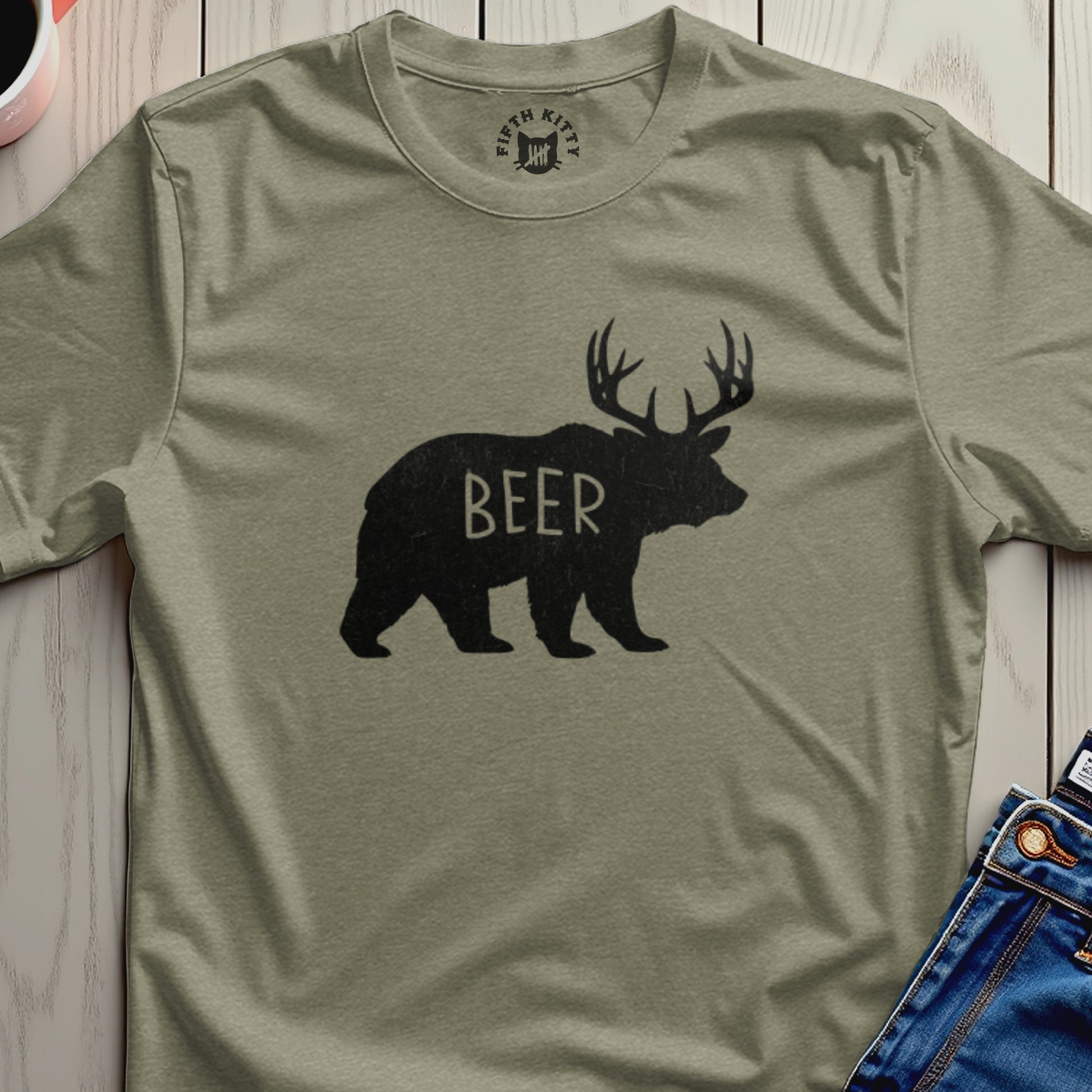 Distressed Bear Antlers BEER Print Olive Green T-Shirt