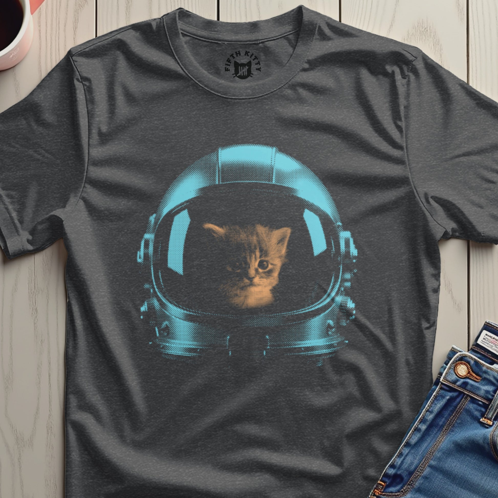Adorable Kitten in Space Helmet Printed Shirt