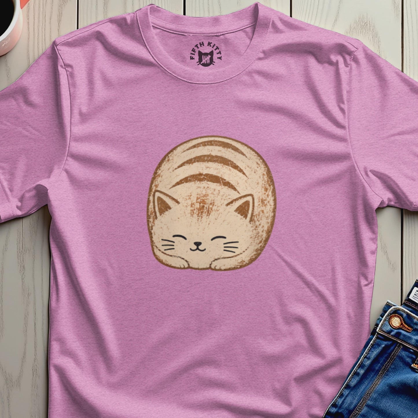 Pink t-shirt with a cartoon cat graphic and "Fifth Kitty" logo.