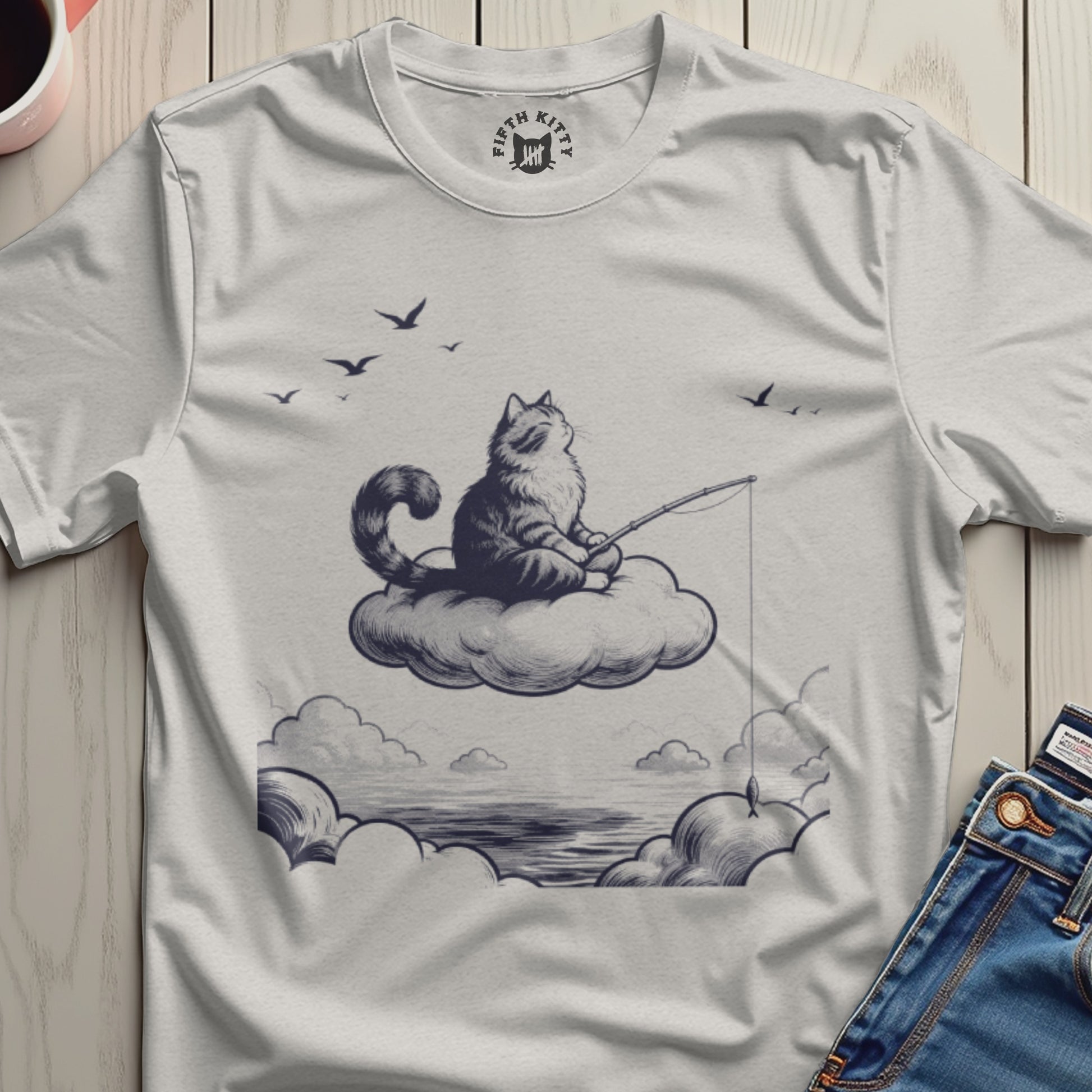 Cat Fishing on Cloud with Birds Graphic T-shirt