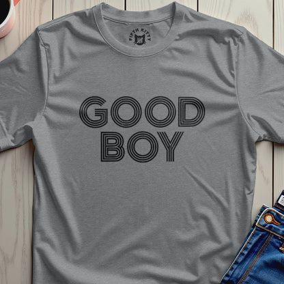 Gray t-shirt with "GOOD BOY" in horizontal black stripes.