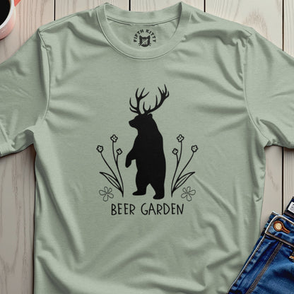 Bear with antlers and flowers, "BEER GARDEN" text on light green shirt.