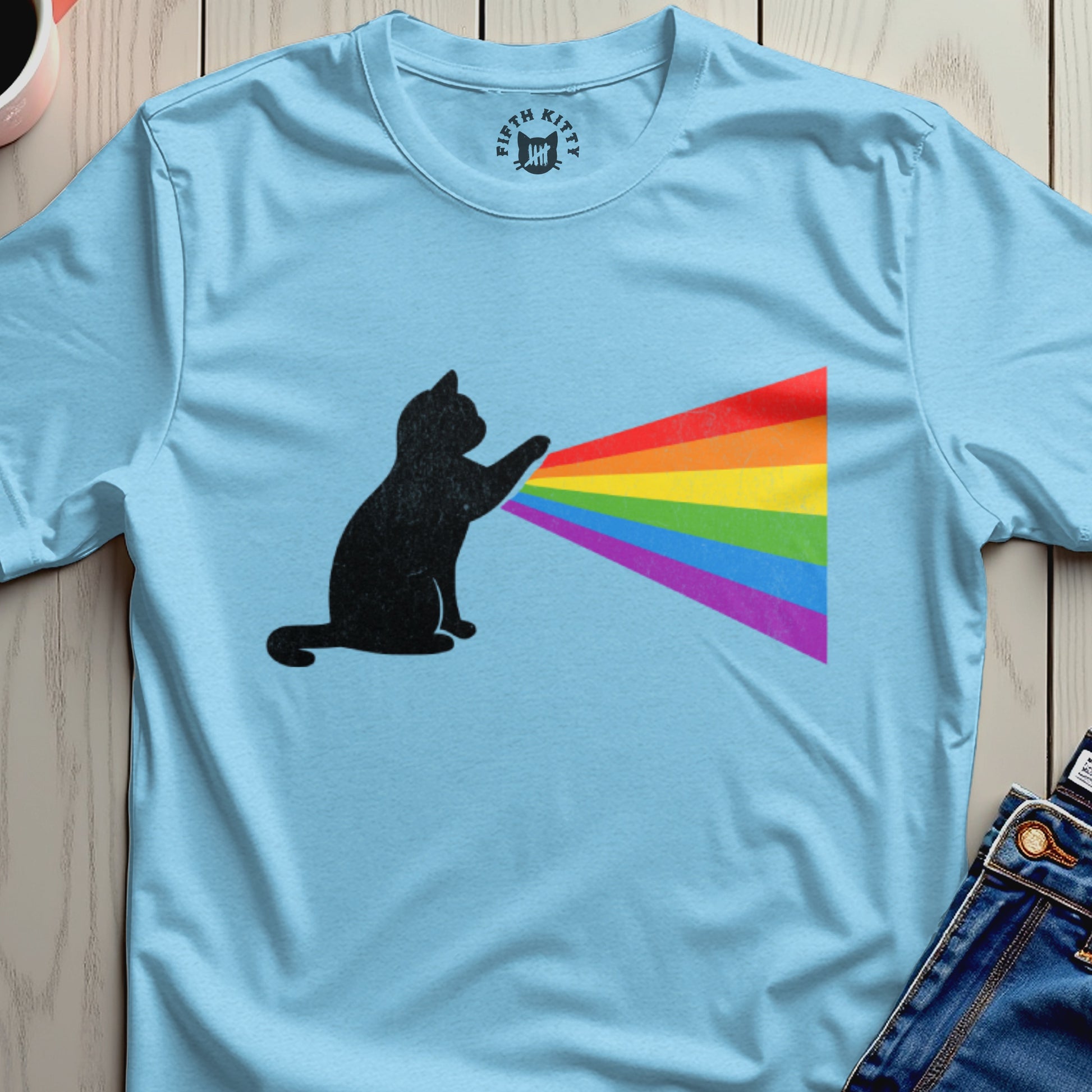 Cat with Rainbow Light Beam Graphic T-Shirt