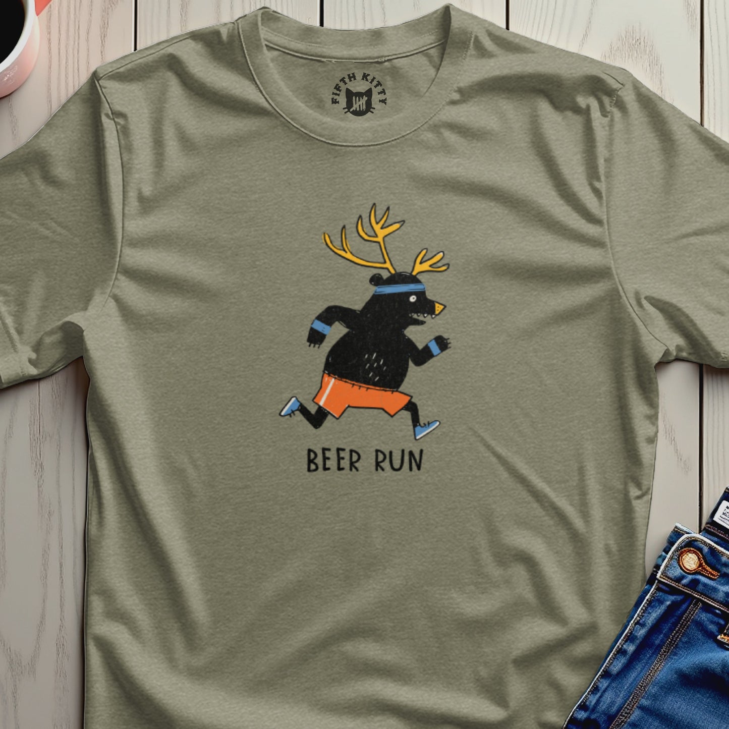 T-shirt graphic of a running bear with antlers and orange shorts, text "BEER RUN".
