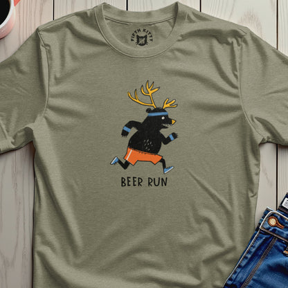 T-shirt graphic of a running bear with antlers and orange shorts, text "BEER RUN".