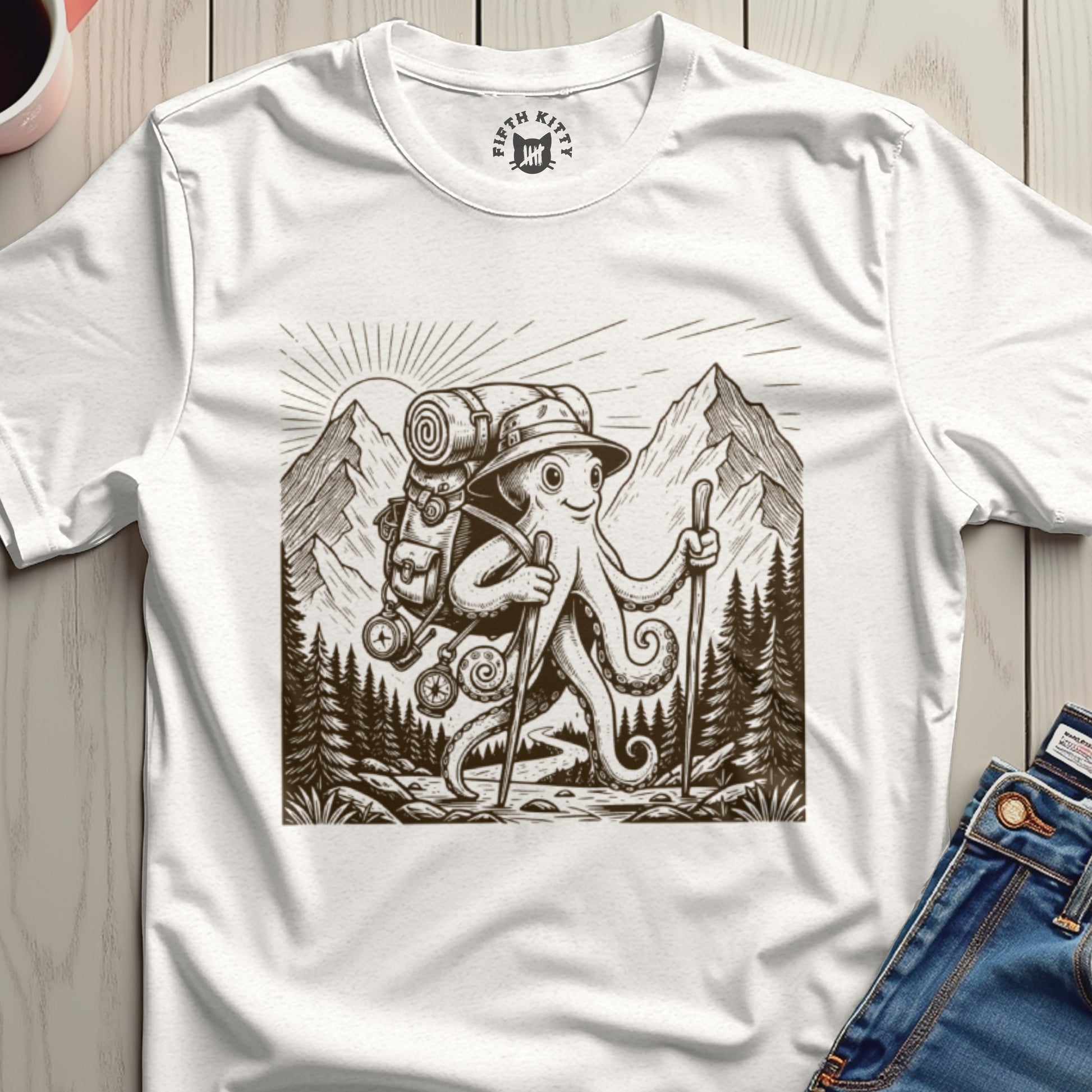 Hiking Octopus Adventure Mountain Graphic T-Shirt