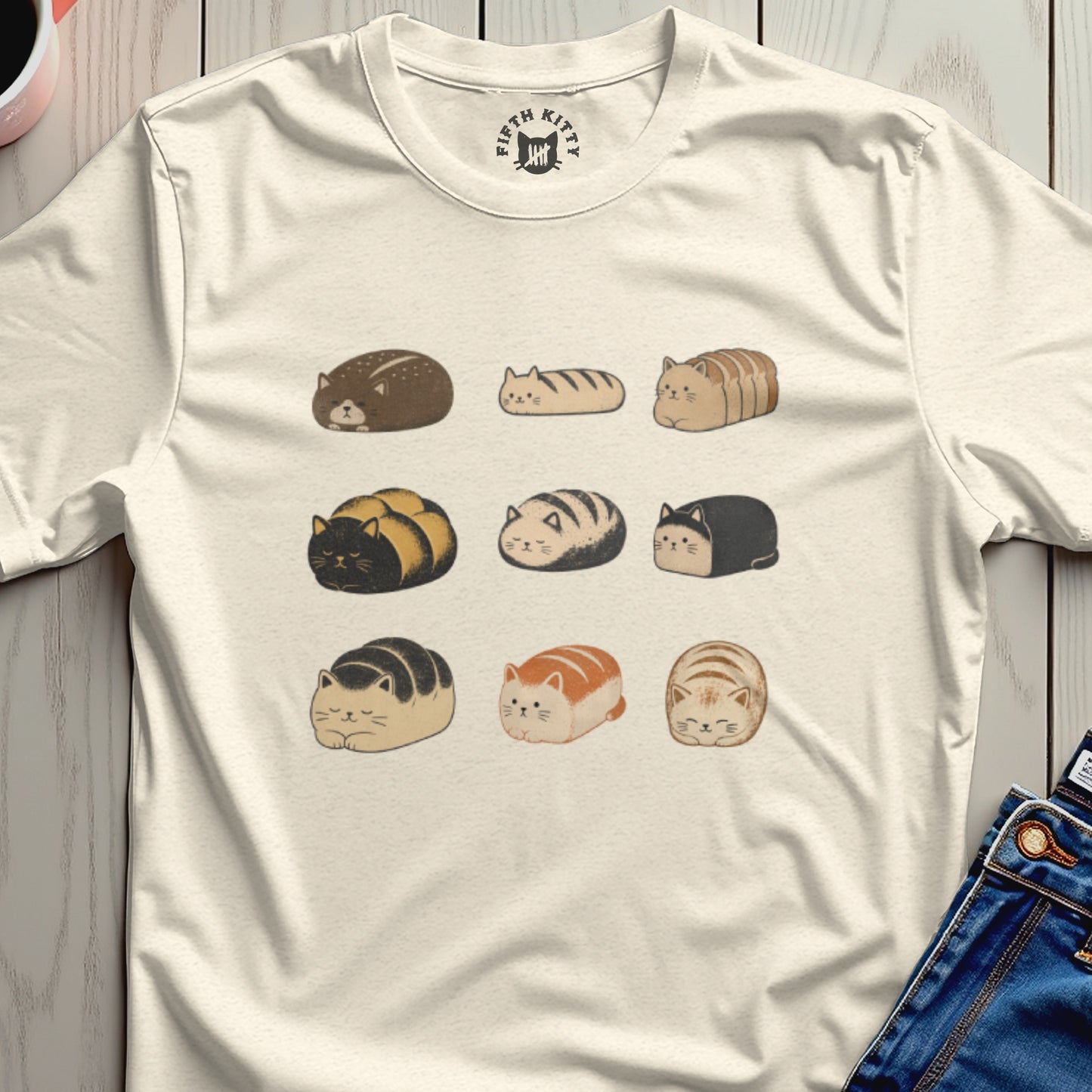 Cream t-shirt with nine illustrated cats in loaf shapes, with "Fifth Kitty" logo.