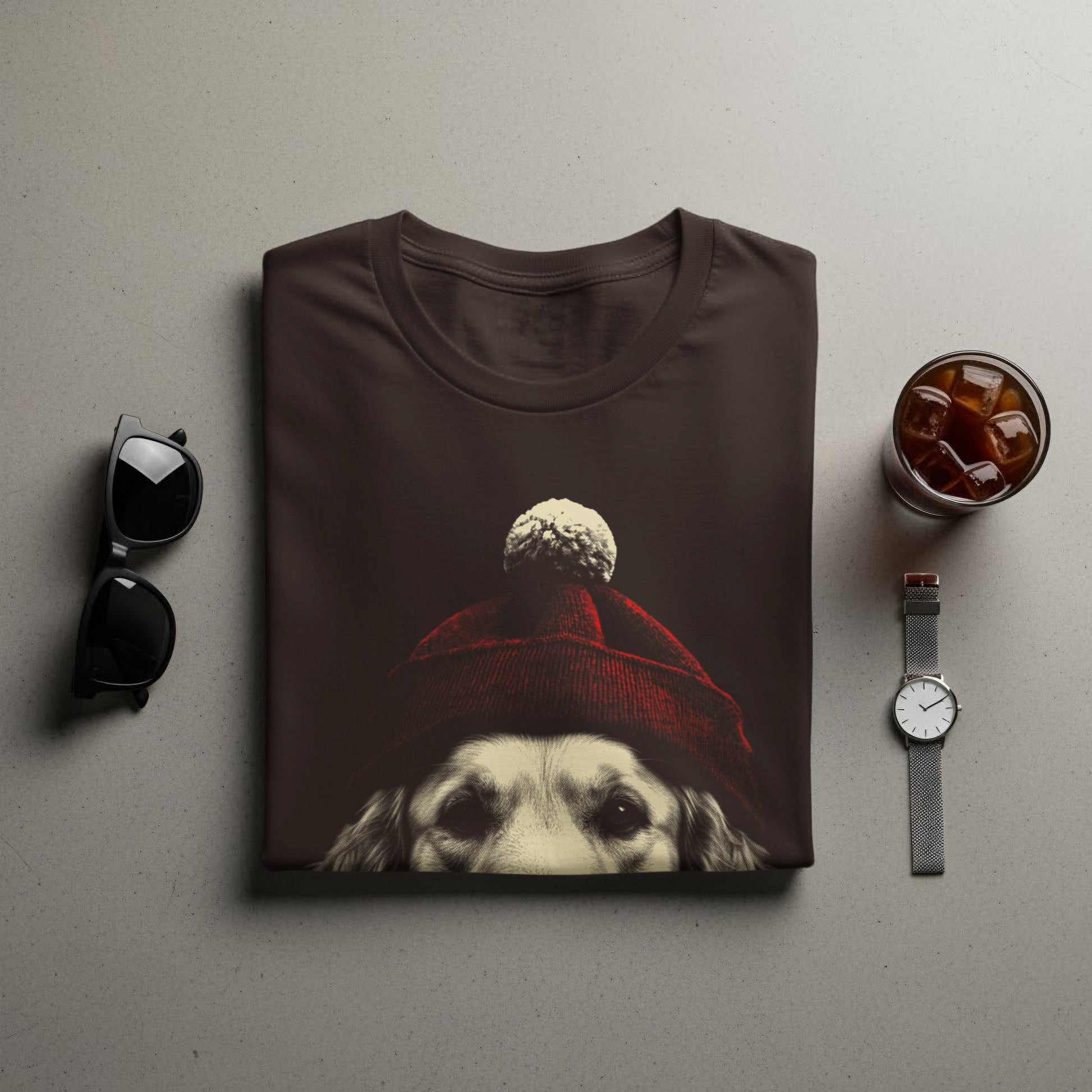 Fashionable Beanie-Wearing Dog Graphic Shirt