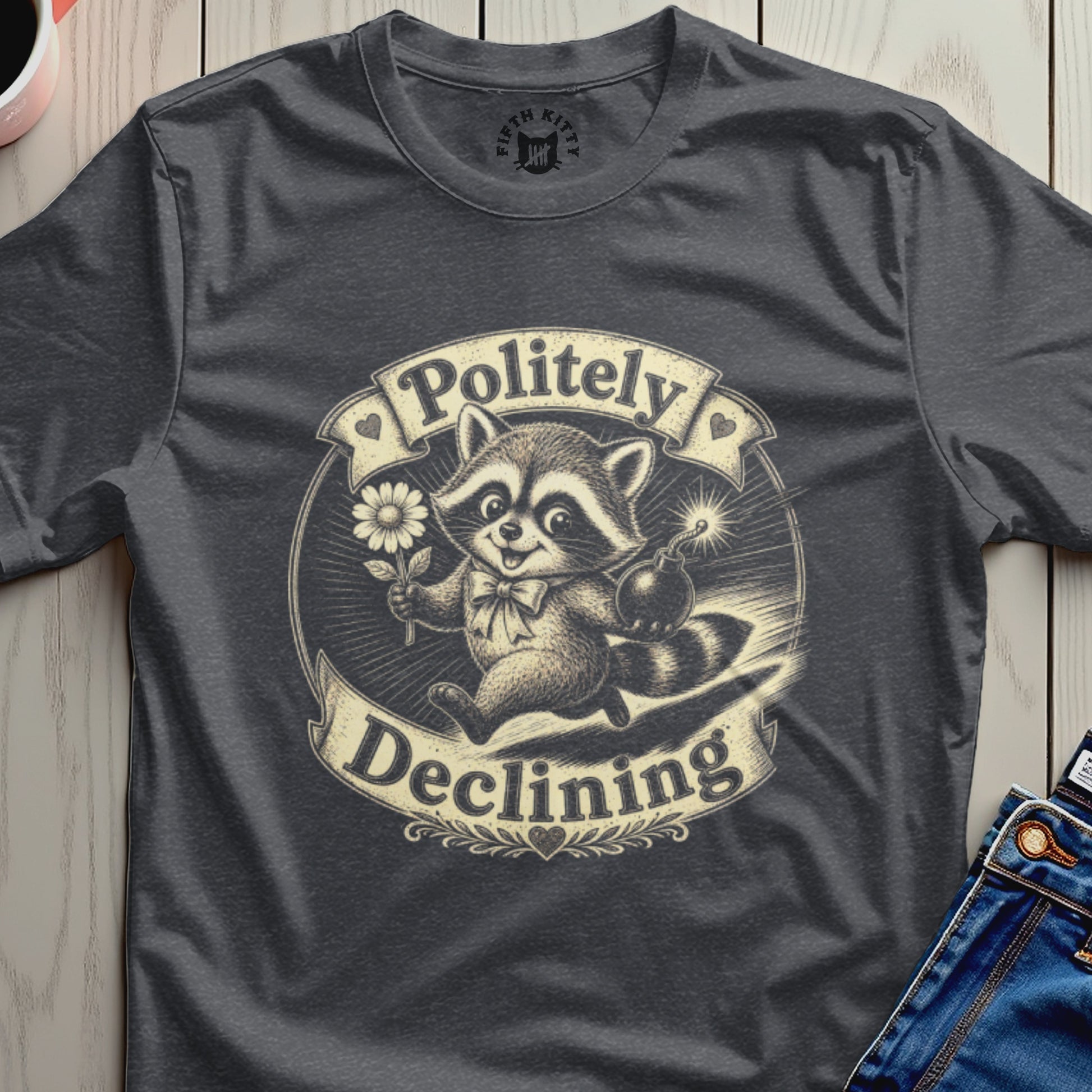 Raccoon holding flower and bomb with "Politely Declining" text.