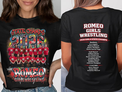 Romeo Girls Wrestling State Champs 2026 t-shirt with team photo and roster.