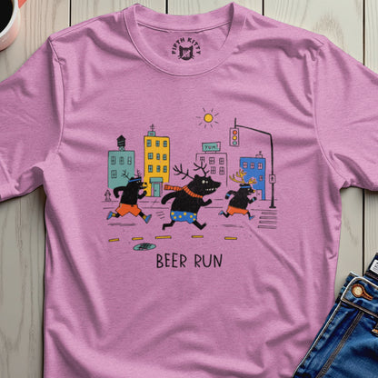 Pink t-shirt with cartoon bears running in a city with text "BEER RUN".