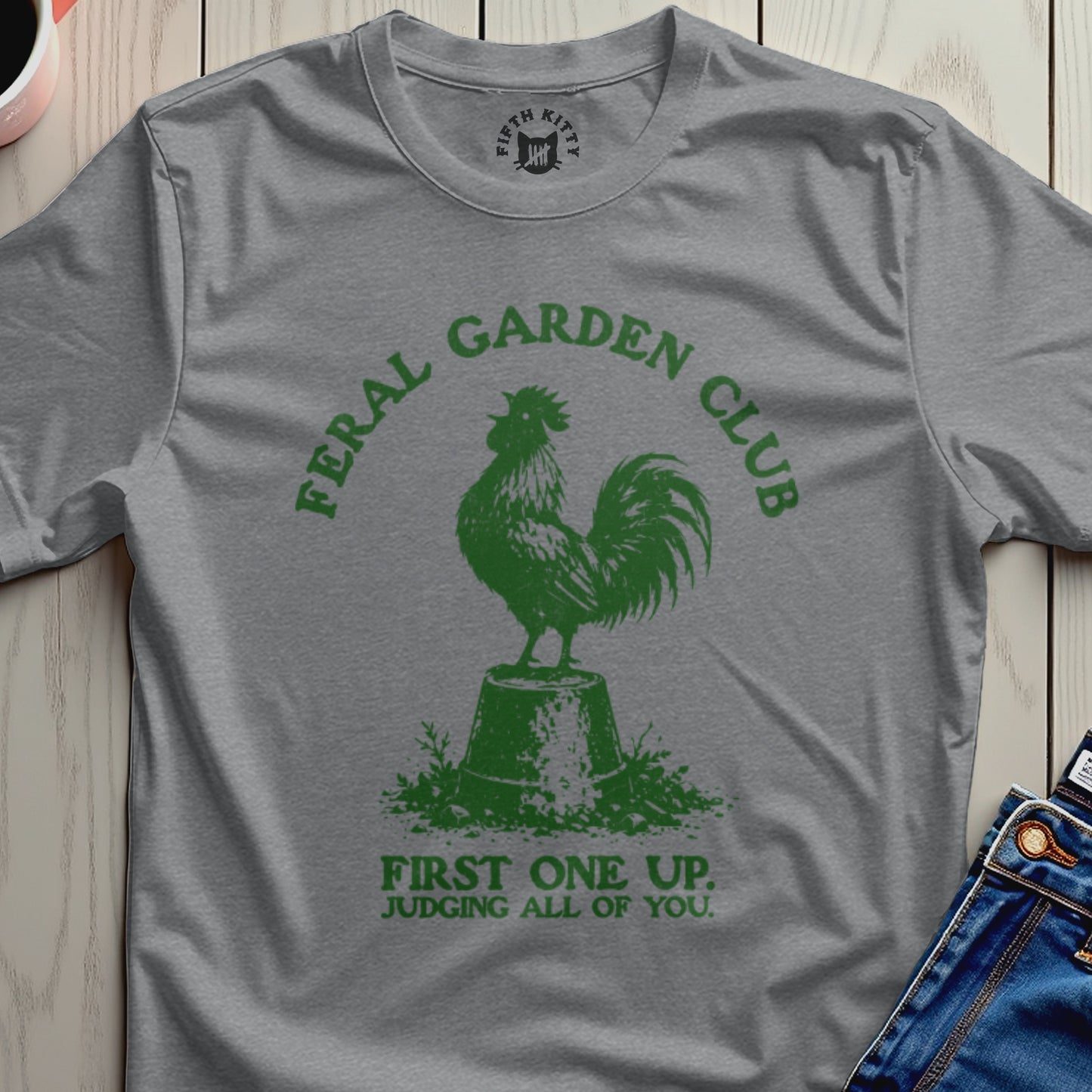 Feral Garden Club rooster logo with text, on a grey t-shirt.