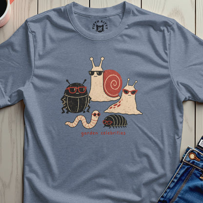 Illustrated garden insects and snails wearing sunglasses, with text "garden celebrities".