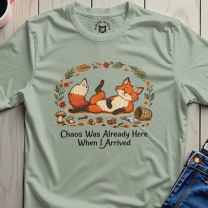 Fox lying down in floral wreath with text "Chaos Was Already Here When I Arrived".