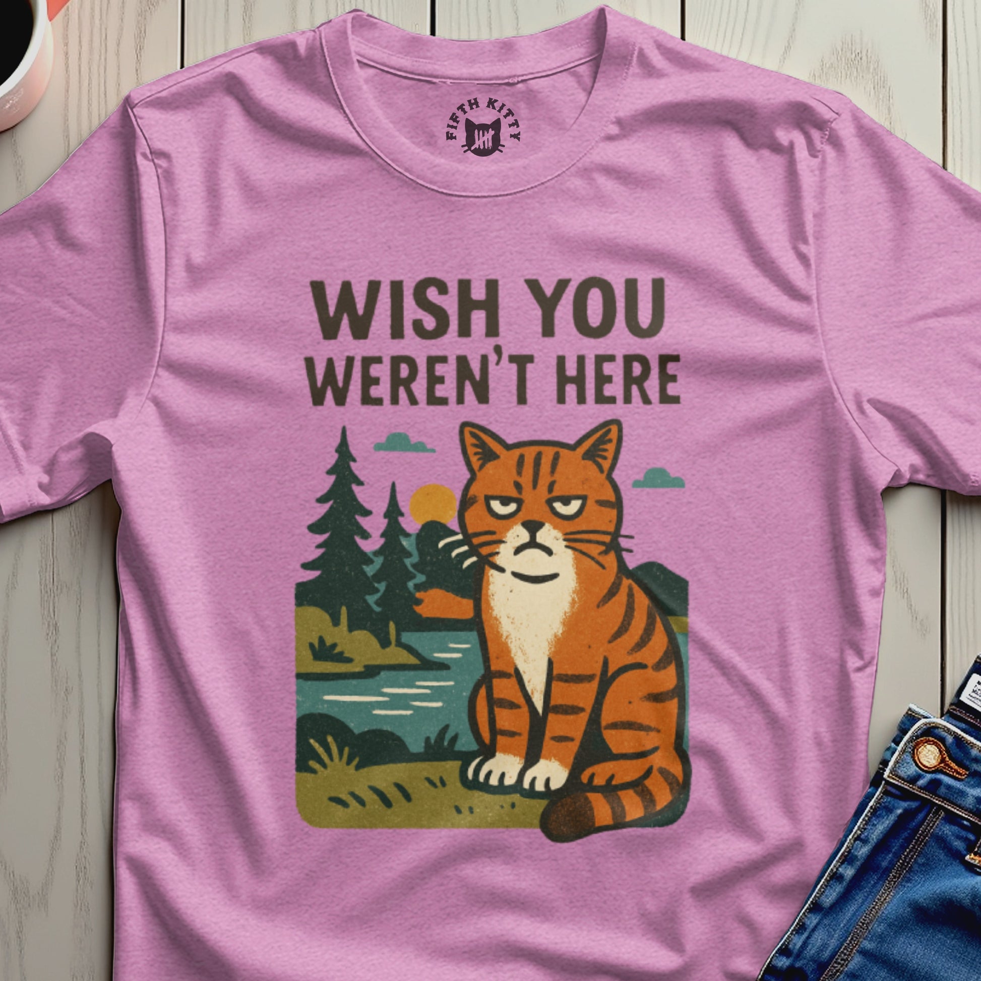 Pink t-shirt with grumpy cat and "Wish You Weren't Here" text.