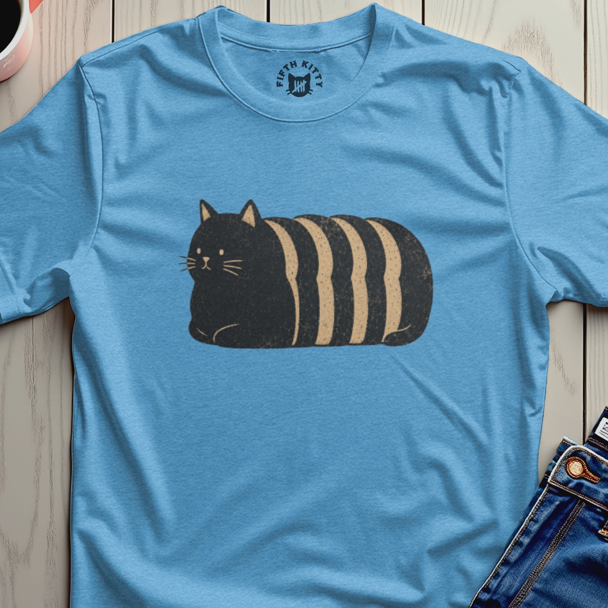 Blue t-shirt with a stylized black and tan striped cat graphic and "FIFTH KITTY" logo.