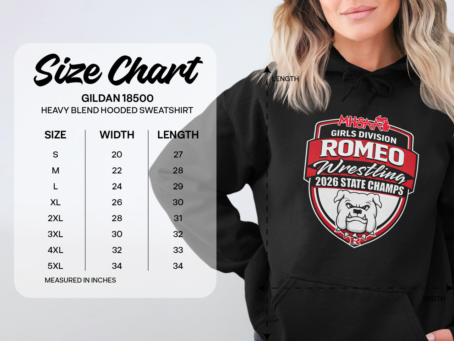 Size chart for Gildan 18500 hooded sweatshirt with wrestling graphic.