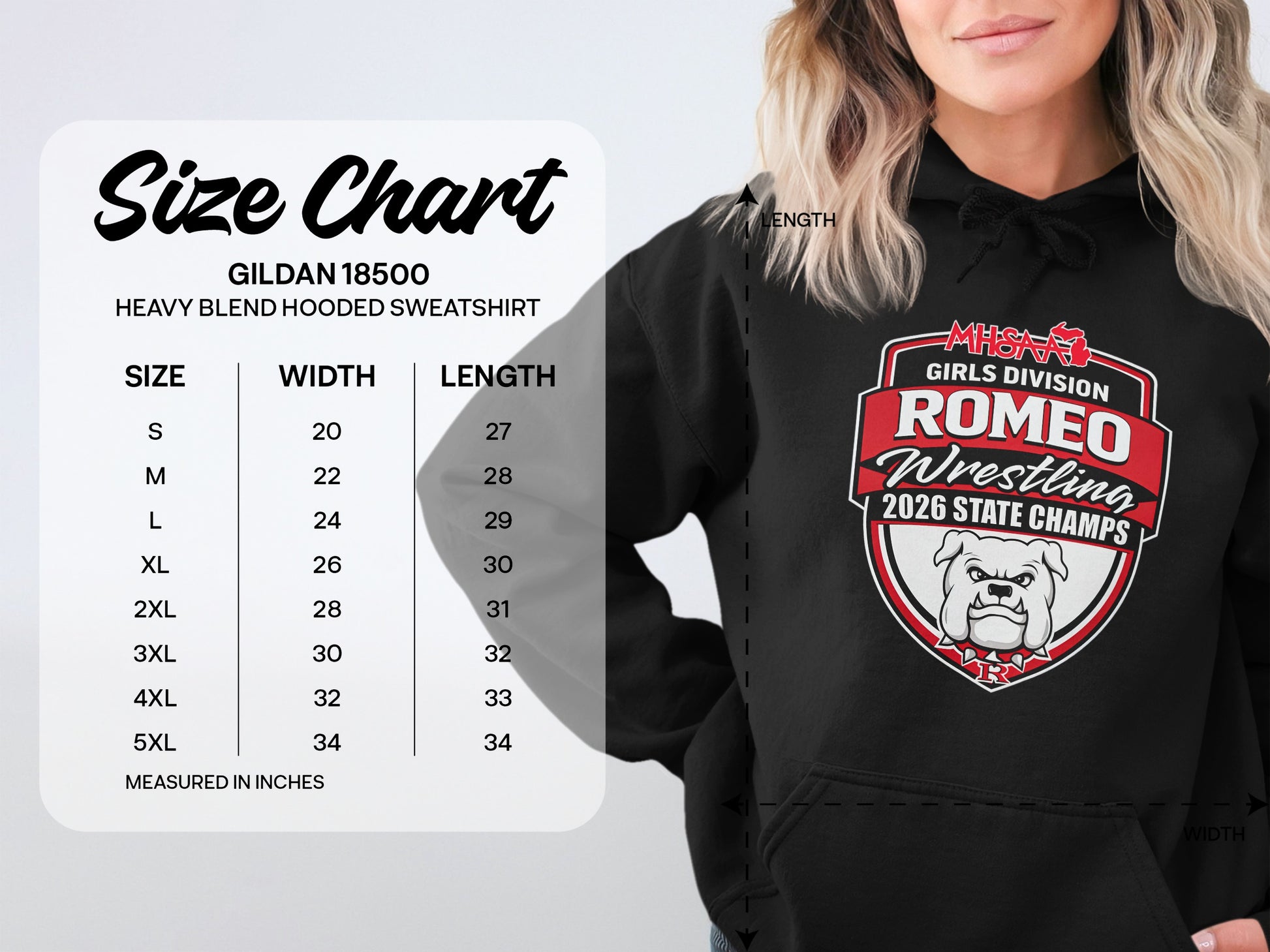 Size chart for Gildan 18500 hooded sweatshirt with wrestling graphic.