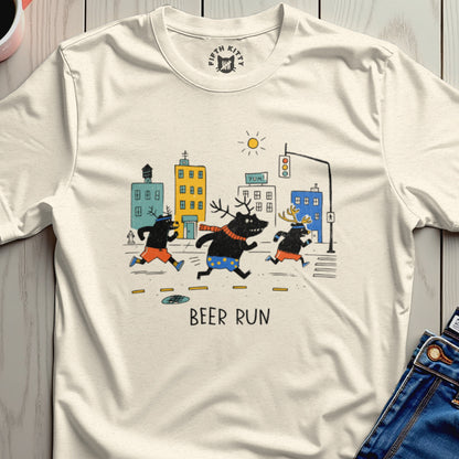 T-shirt with cartoon bears running through a city with "BEER RUN" text.