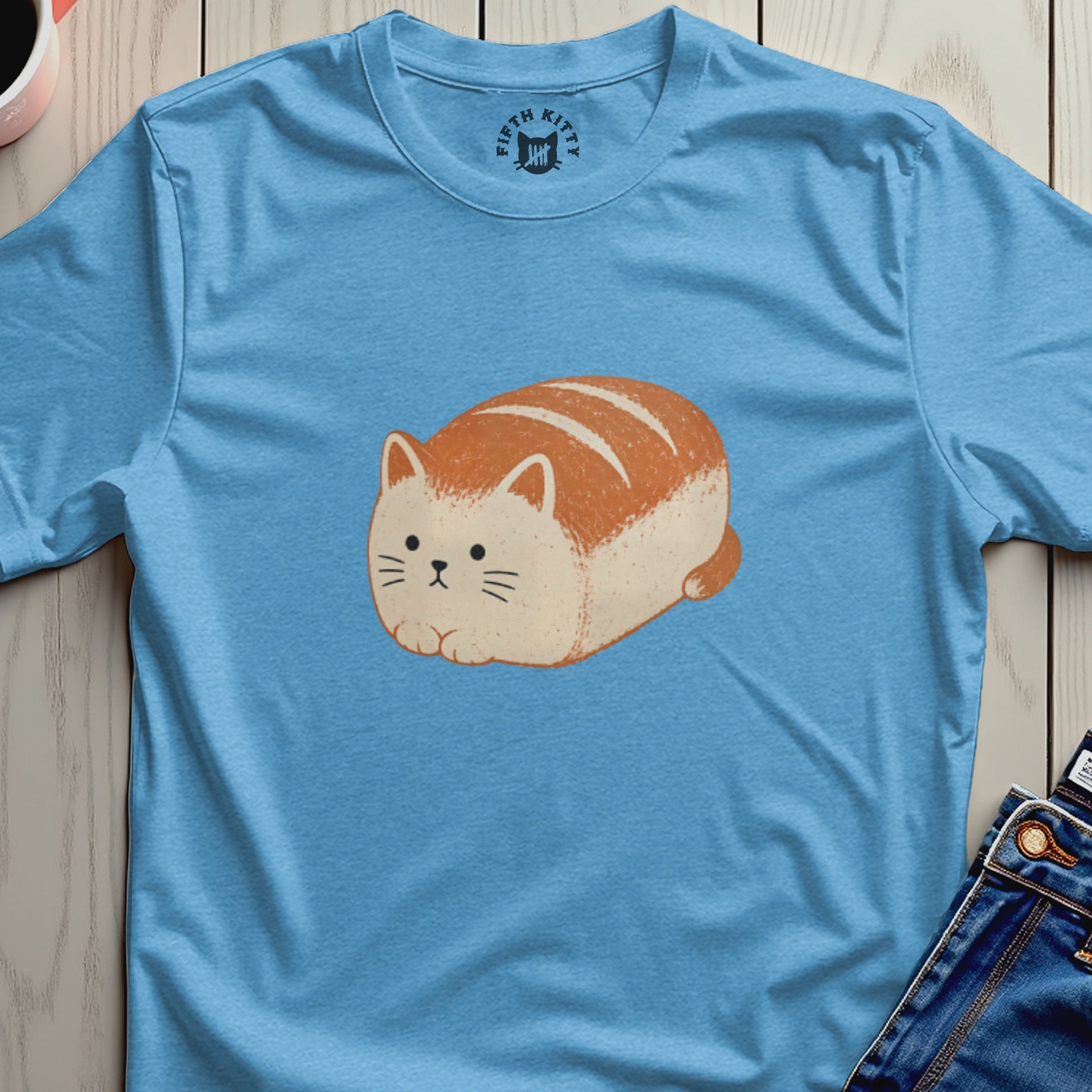 Blue t-shirt with a graphic of a bread-shaped cat and "Fifth Kitty" logo.