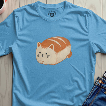 Blue t-shirt with a graphic of a bread-shaped cat and "Fifth Kitty" logo.