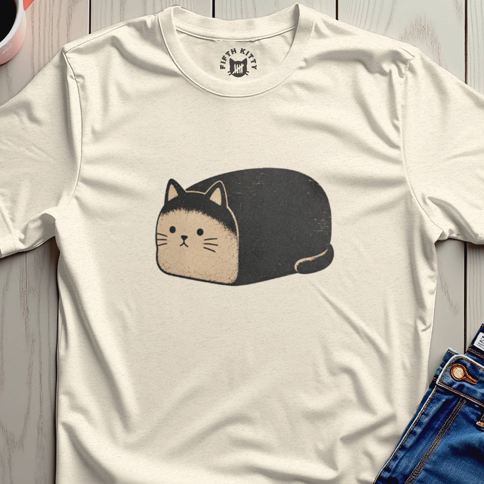 Cream t-shirt with a black and tan cartoon cat loaf graphic and "Fifth Kitty" logo.