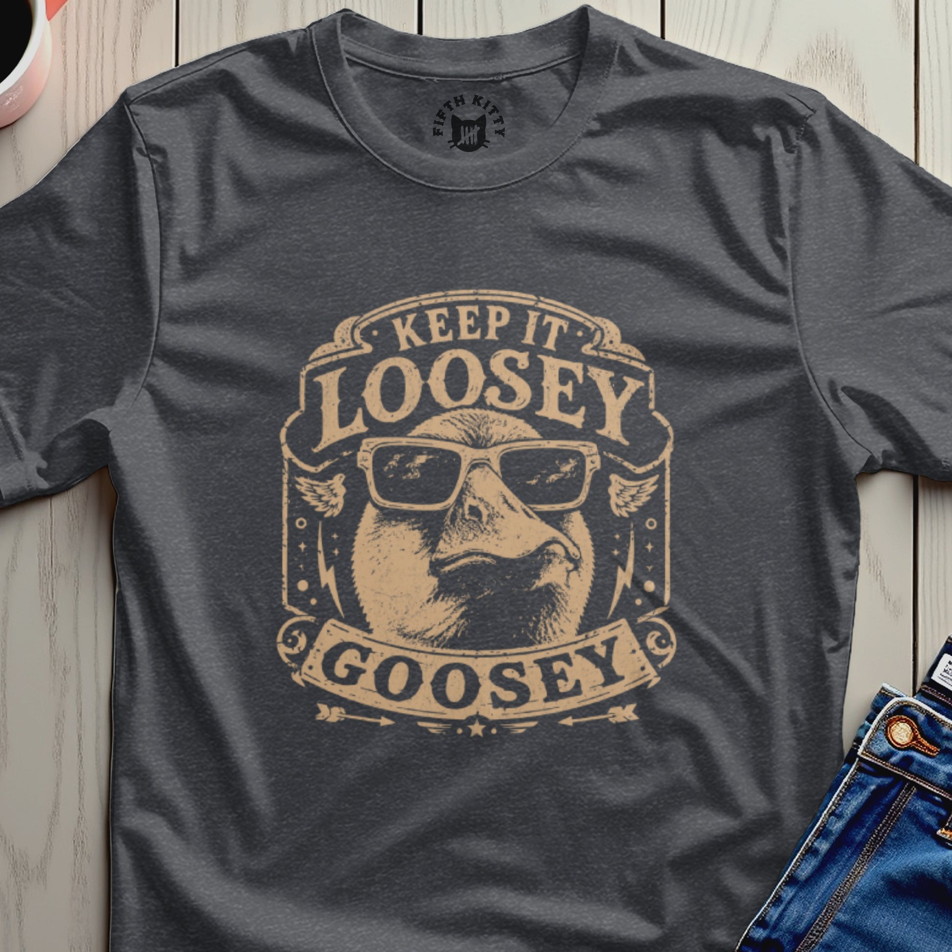 Dark t-shirt with "Keep It Loosey Goosey" text and a goose wearing sunglasses.