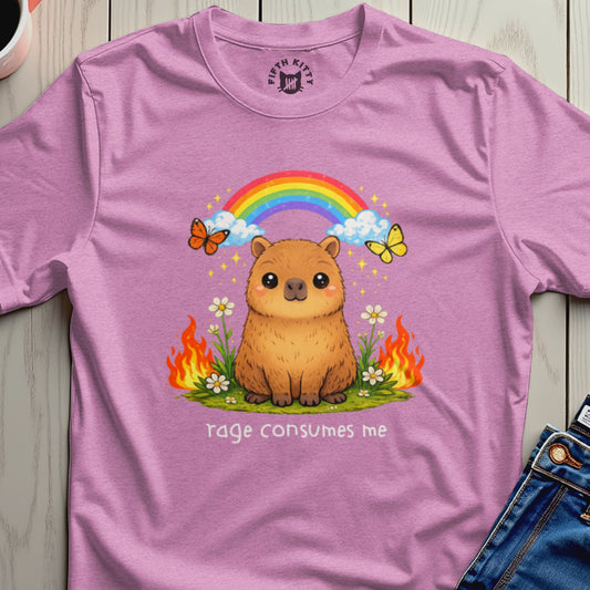 Capybara with rainbow, butterflies, and flames, "rage consumes me" text on pink shirt.