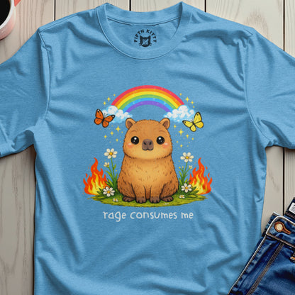 Capybara with butterflies, rainbow, and flowers, text "rage consumes me".