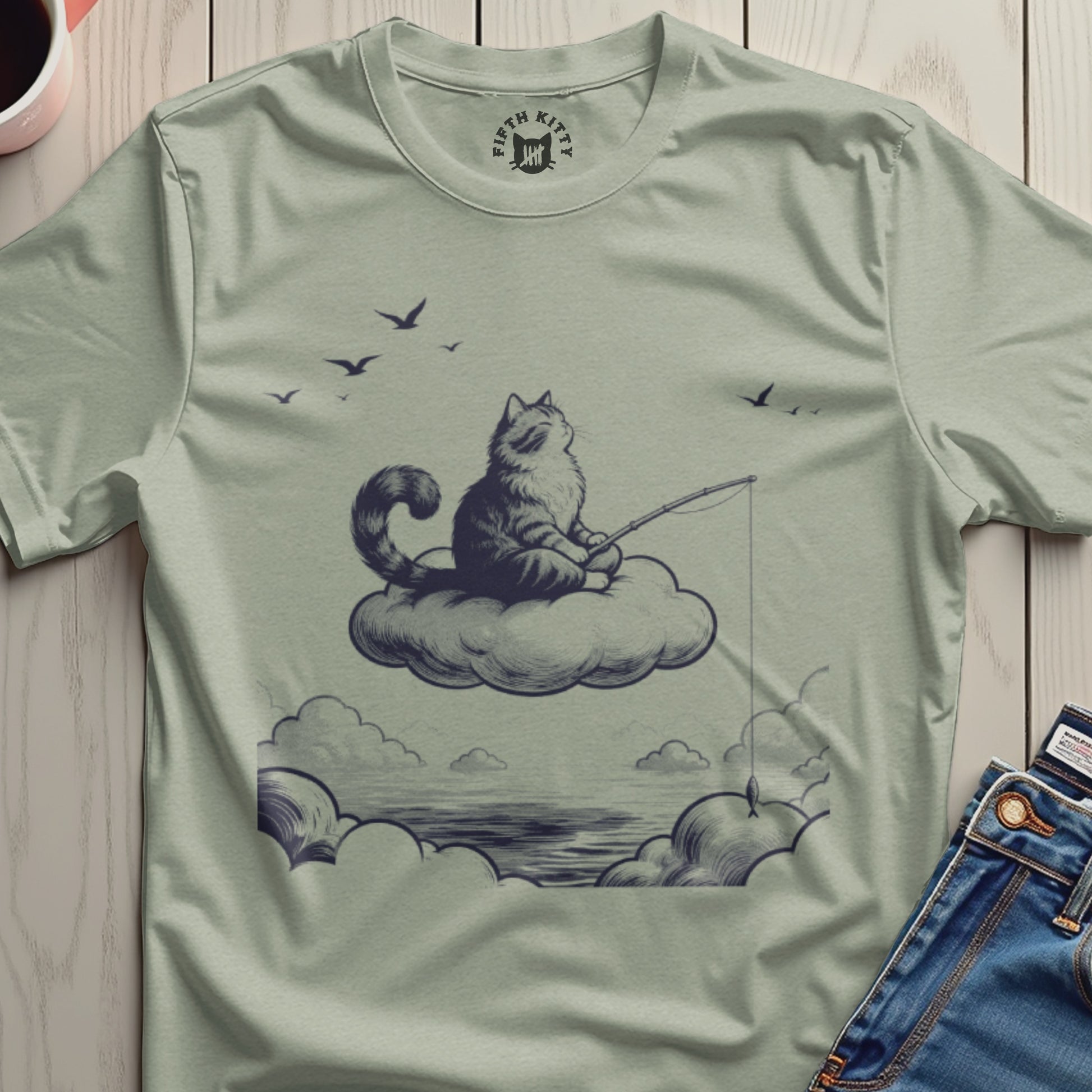 Cute Cat Fishing on a Cloud Graphic T-Shirt