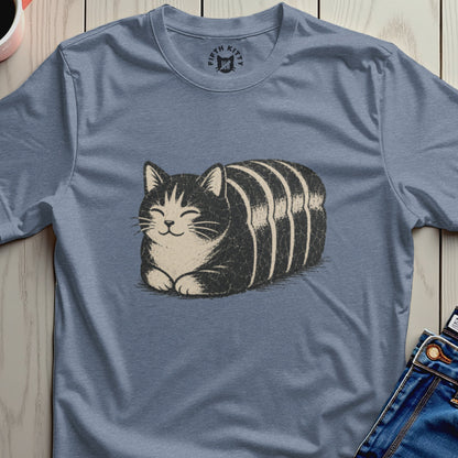 Striped cat loaf graphic on a heathered blue t-shirt with round neck