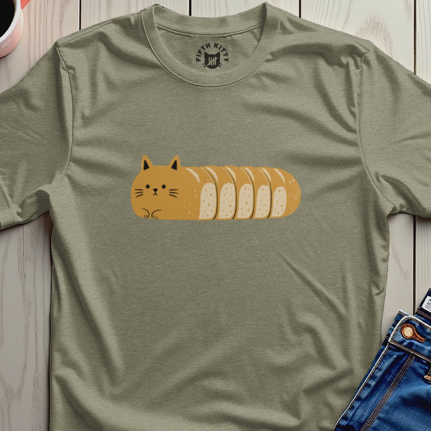 T-shirt with a cartoon cat loaf and Fifth Kitty logo graphic.