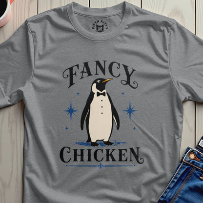 Grey t-shirt with a penguin wearing a tuxedo and the text "Fancy Chicken".