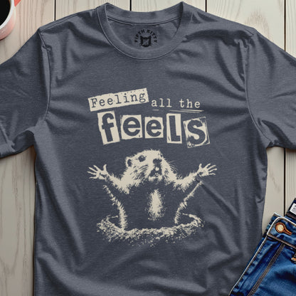 Dark grey t-shirt with a cartoon groundhog surrounded by text "Feeling all the feels".