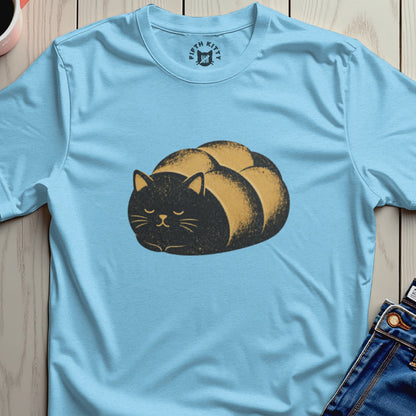 Light blue t-shirt with a black cat loaf graphic and Fifth Kitty logo.