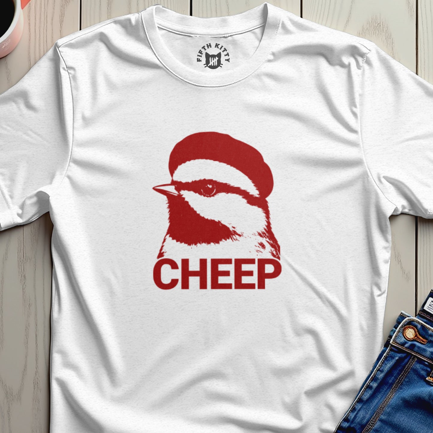 White t-shirt with a red illustration of a chickadee's head and the word "CHEEP".