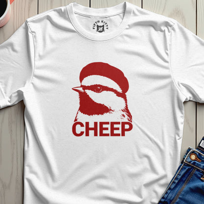 White t-shirt with a red illustration of a chickadee's head and the word "CHEEP".