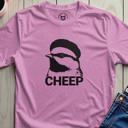 Pink t-shirt with black chickadee illustration and "CHEEP" text.