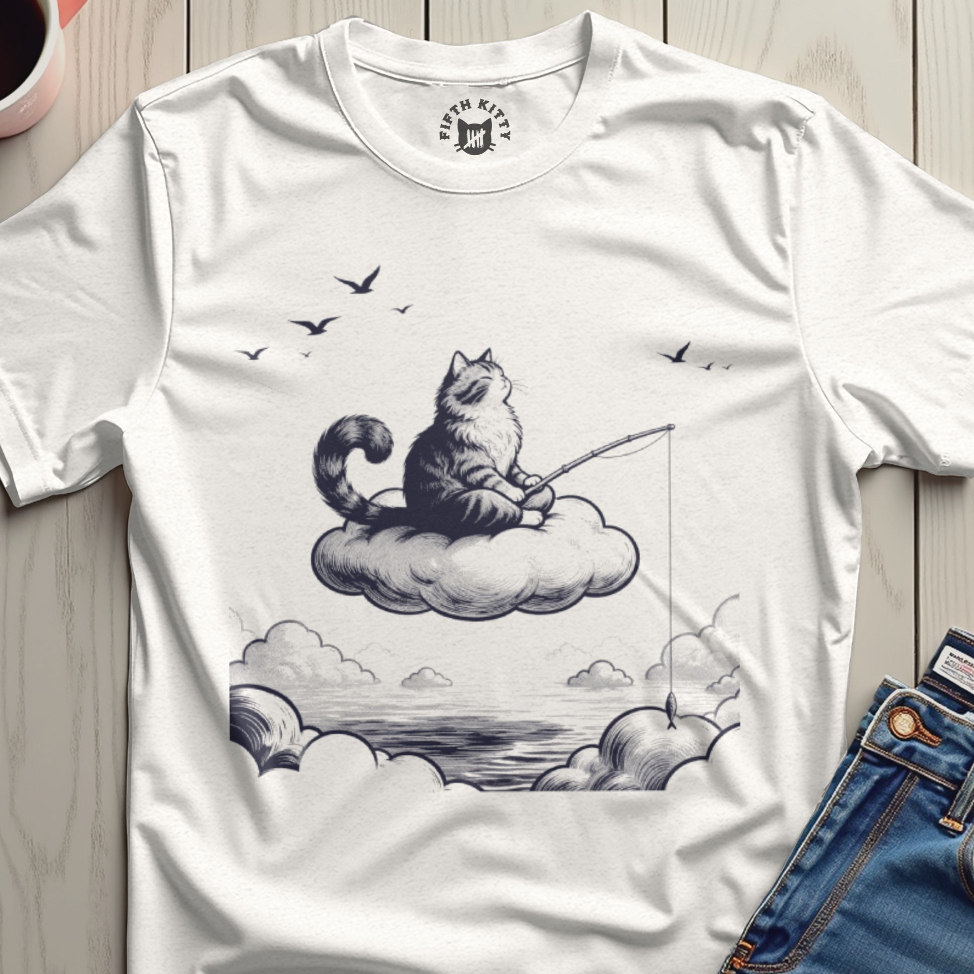Cozy Cat Fishing on Cloud Graphic T-Shirt