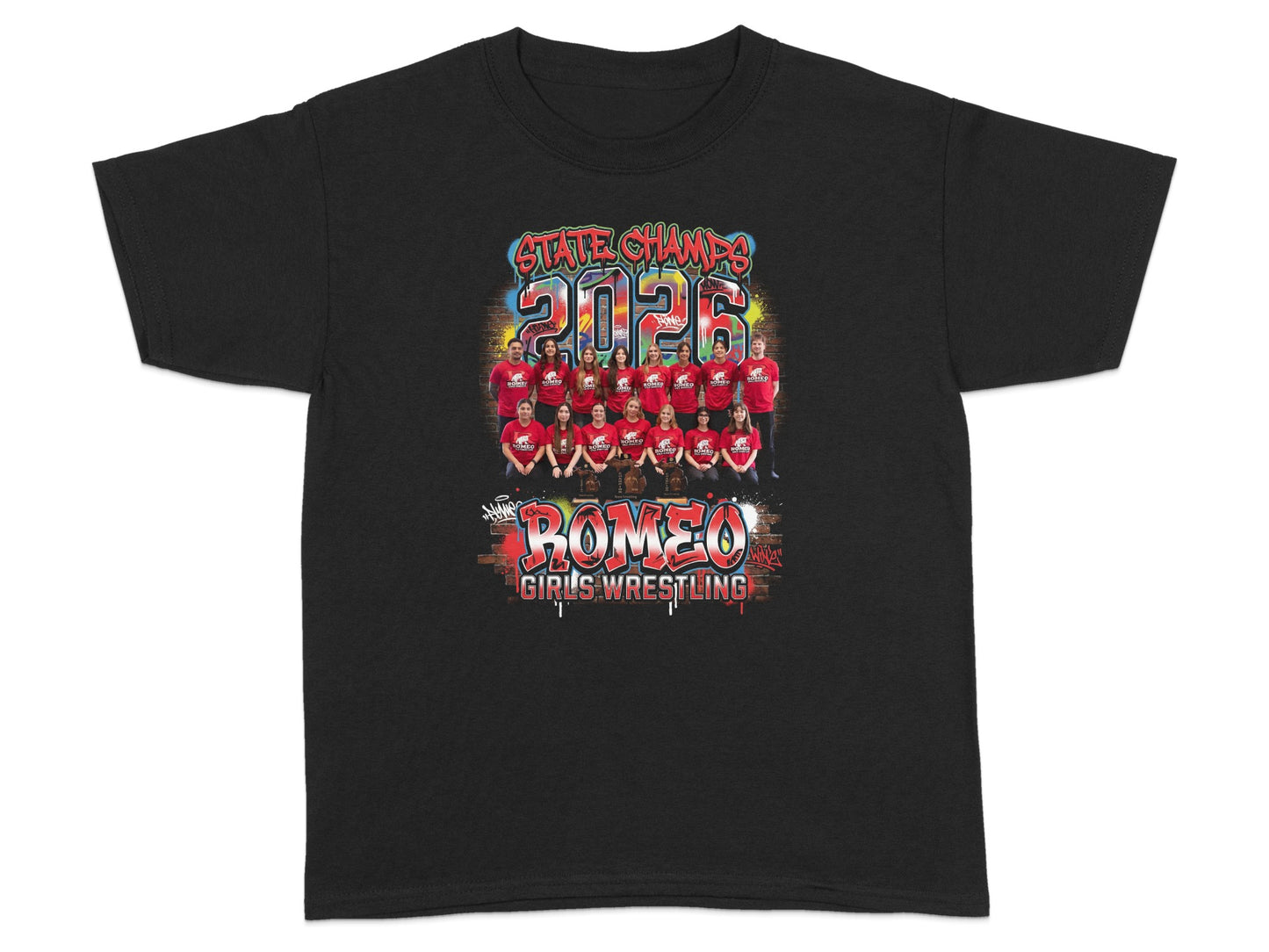 Black t-shirt with "State Champs 2026 Romeo Girls Wrestling" and team photo.
