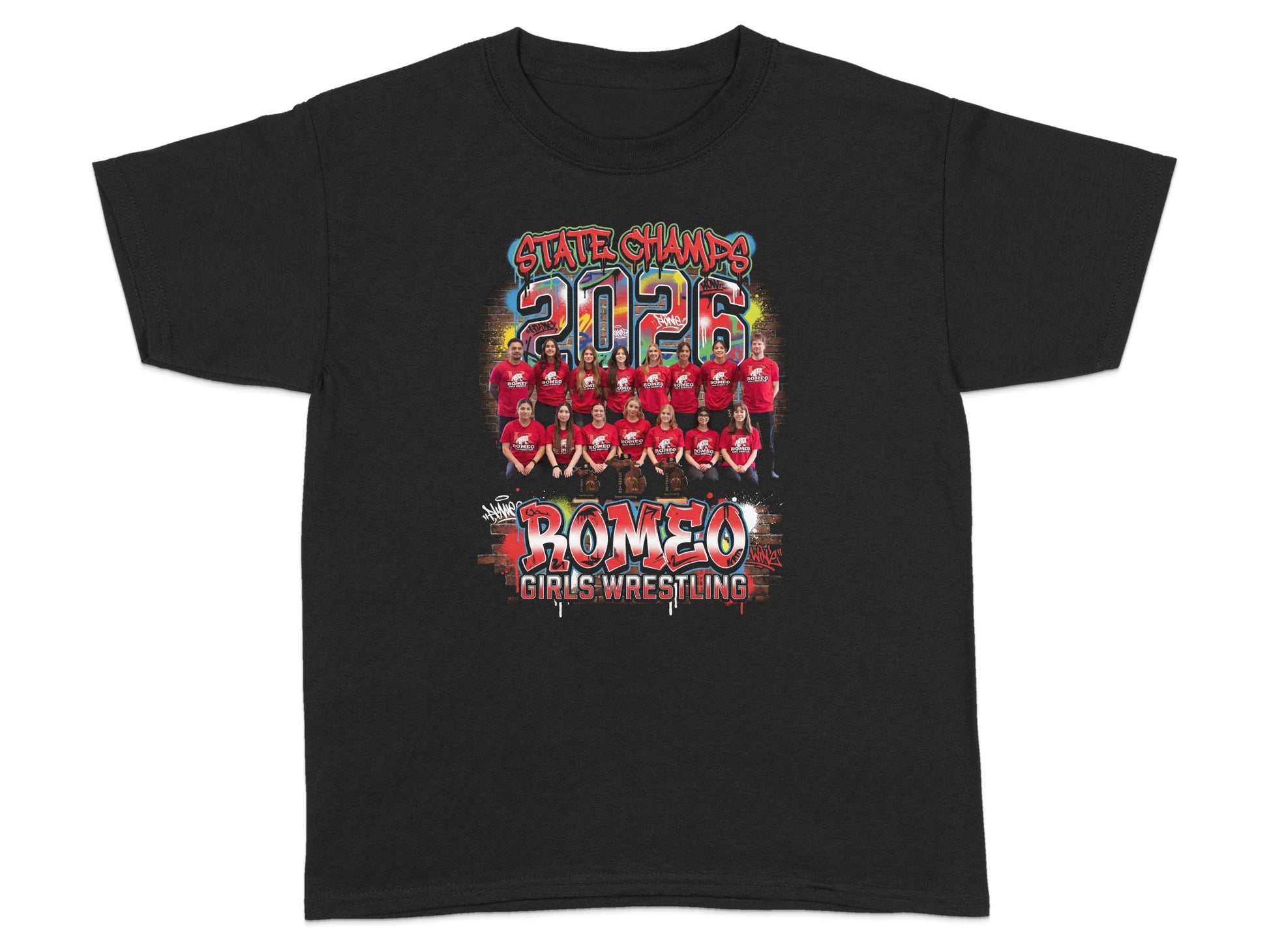 Black t-shirt with "State Champs 2026 Romeo Girls Wrestling" and team photo.
