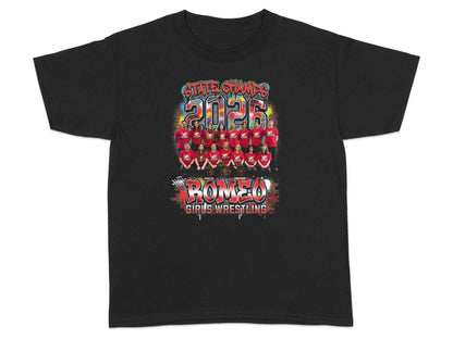 Black t-shirt with "State Champs 2026 Romeo Girls Wrestling" and team photo.