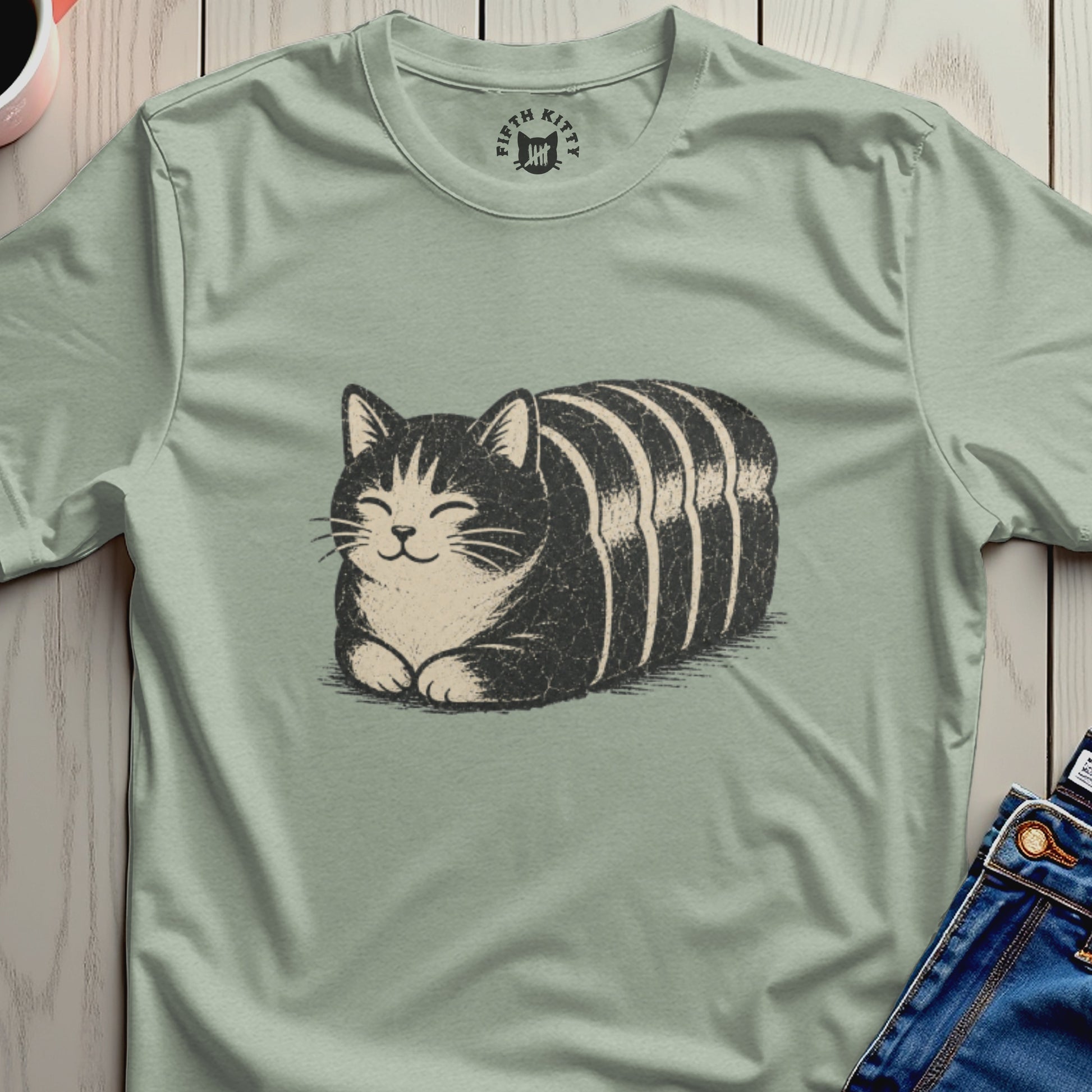 Light green t-shirt with a black and white striped cat illustration and "Fifth Kitty" logo.