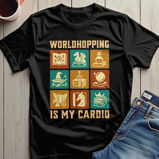 Worldhopping Is My Cardio graphic t-shirt product type