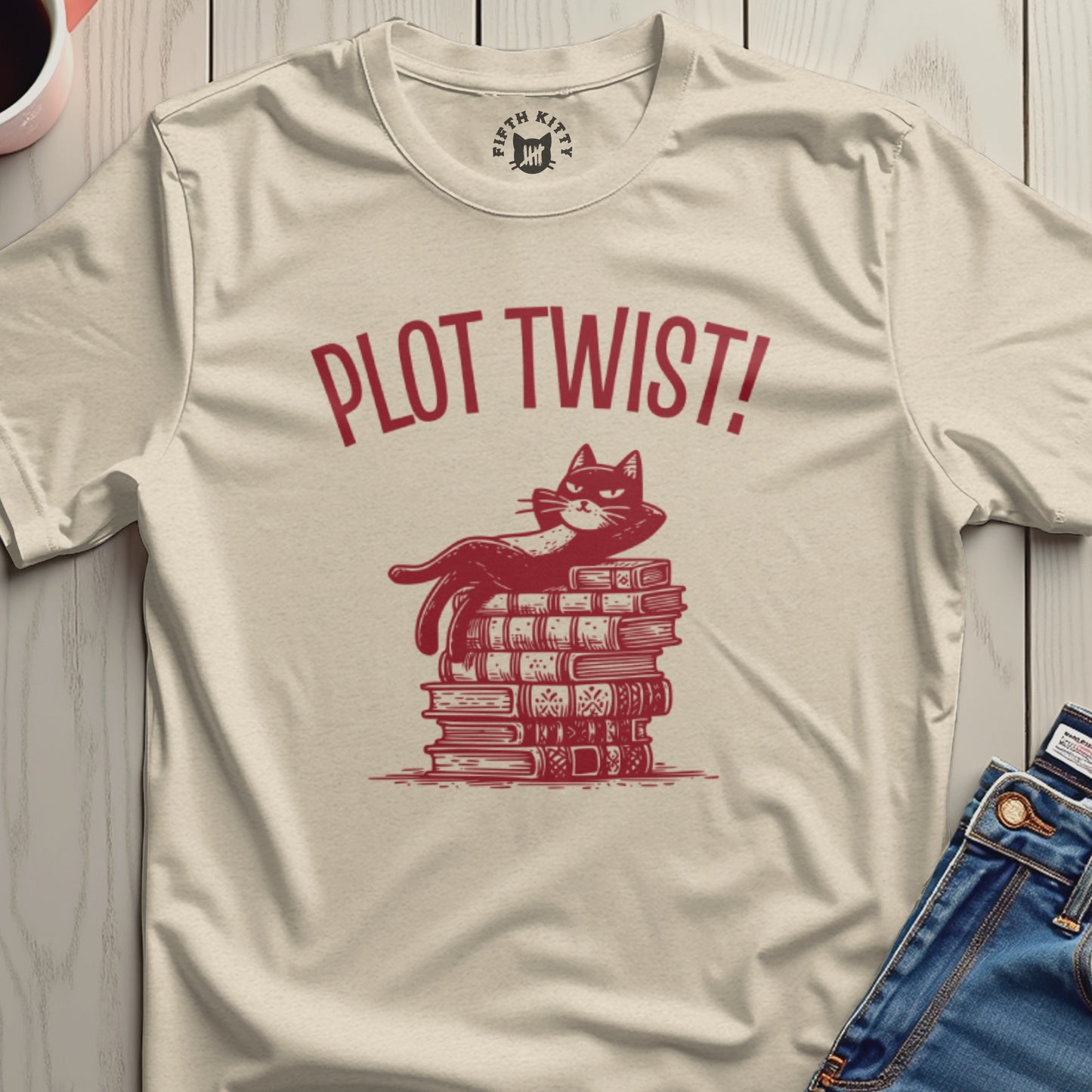 Plot Twist Cat Relaxing on Books Illustration T-Shirt