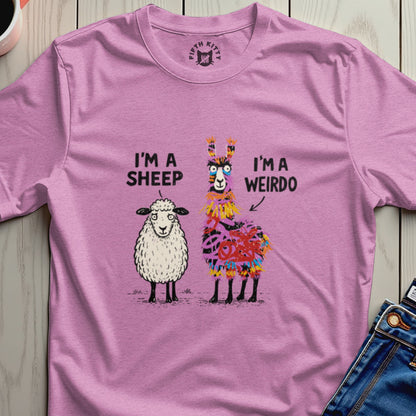 Pink t-shirt with I'm a Sheep and I'm a Weirdo llama graphic.