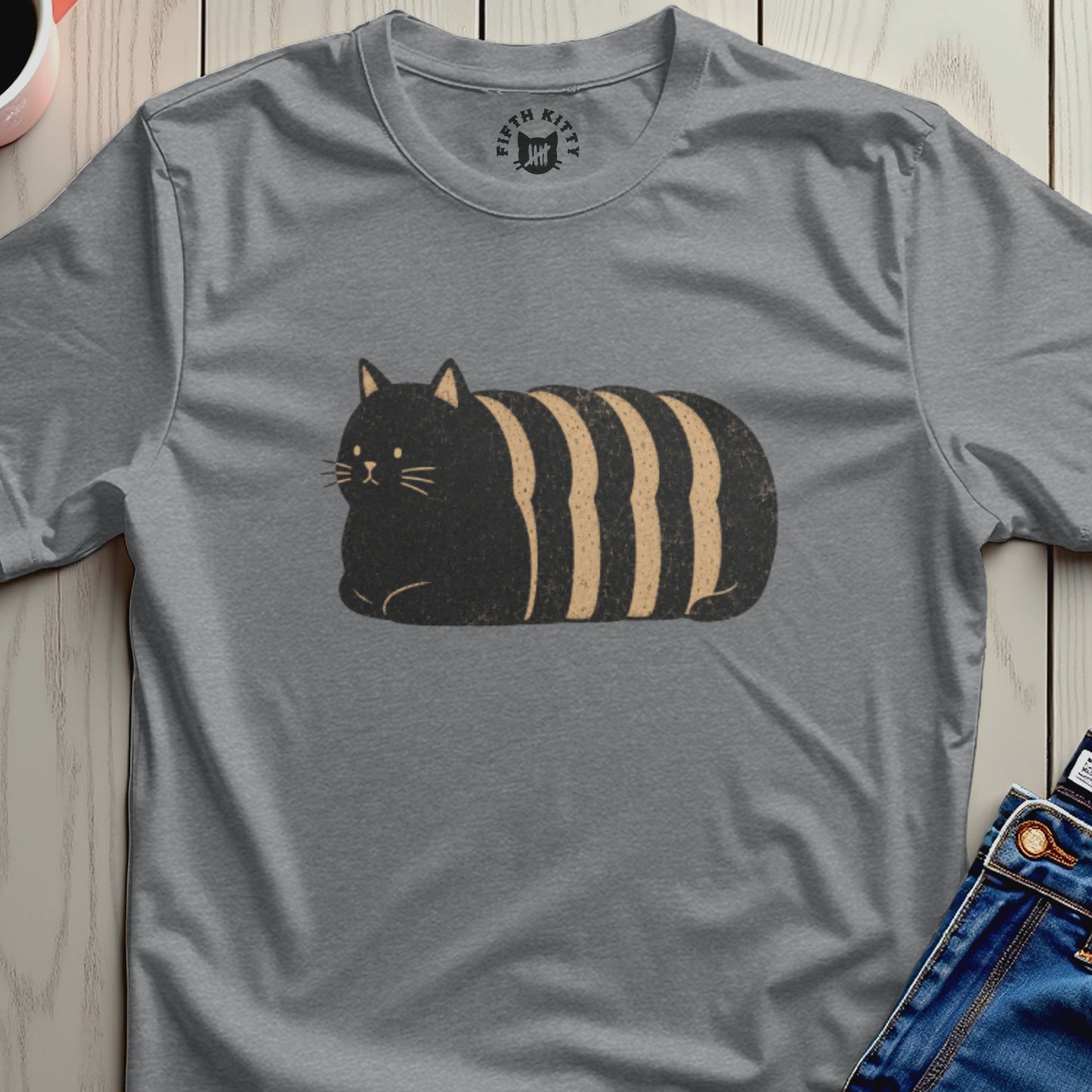 Grey t-shirt with black and light brown striped cat graphic and Fifth Kitty logo.